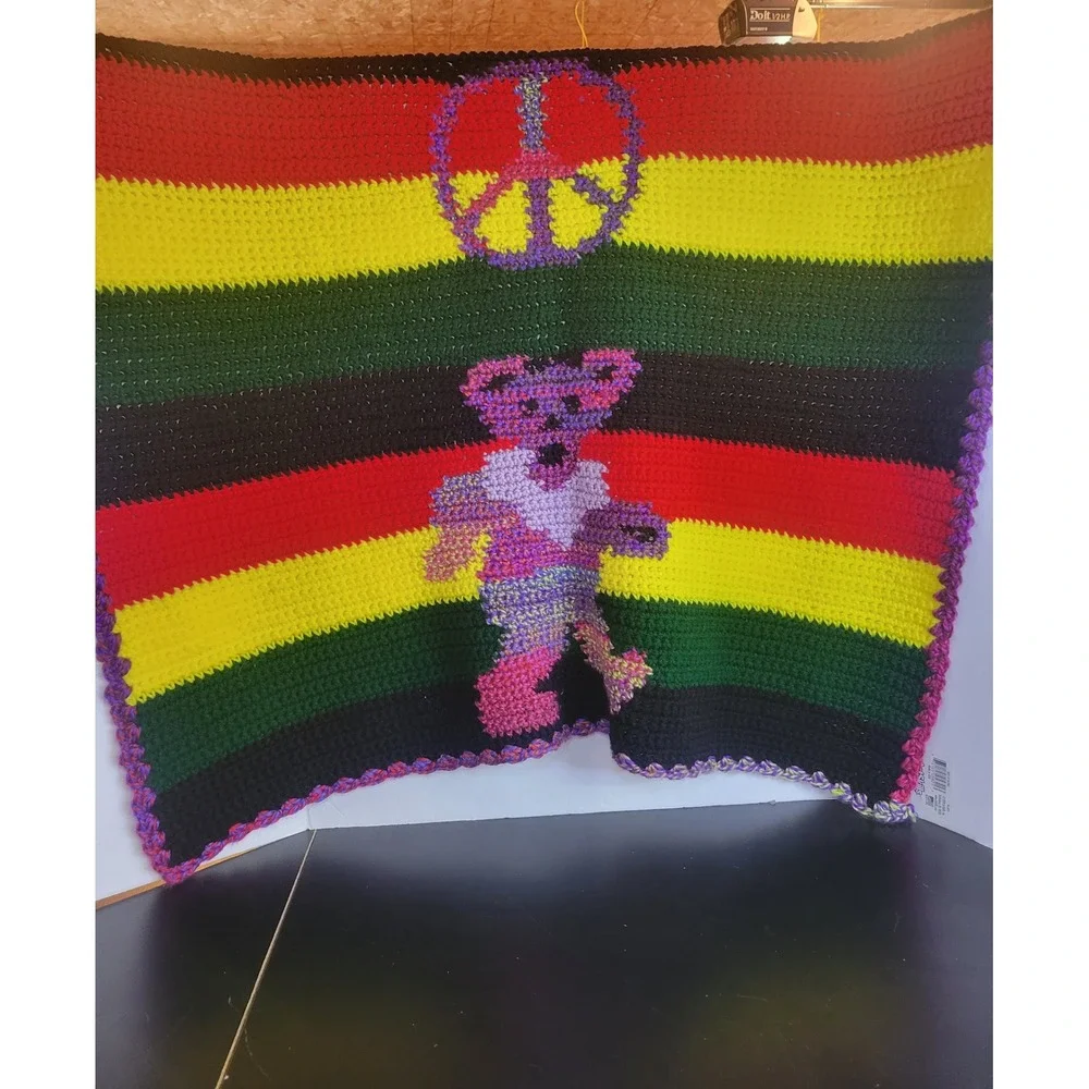 Grateful Dead‎ Peace Bear Crochet Blanket Handmade Hippie Throw 37x33